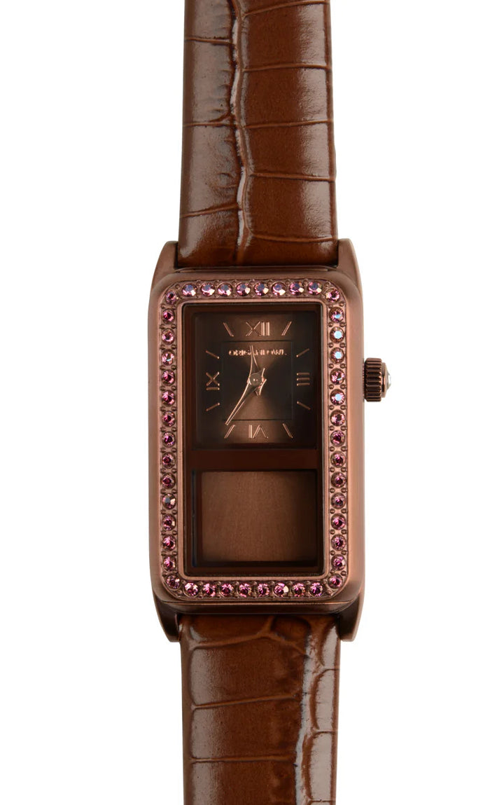 Origami Owl Storyteller Chocolate Living Locket Watch With Lilac Shadow Swarovski Crystals + Brown Croc Leather Band