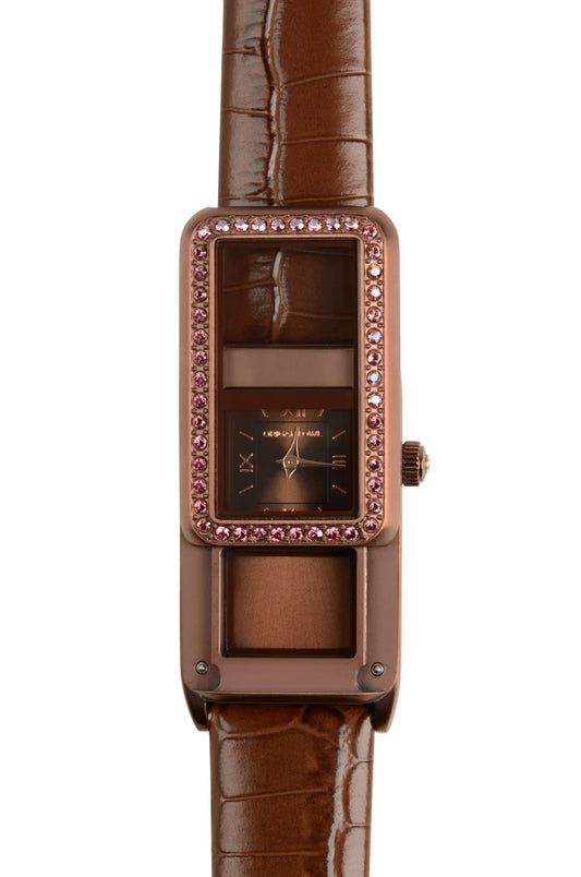 Origami Owl Storyteller Chocolate Living Locket Watch With Lilac Shadow Swarovski Crystals + Brown Croc Leather Band