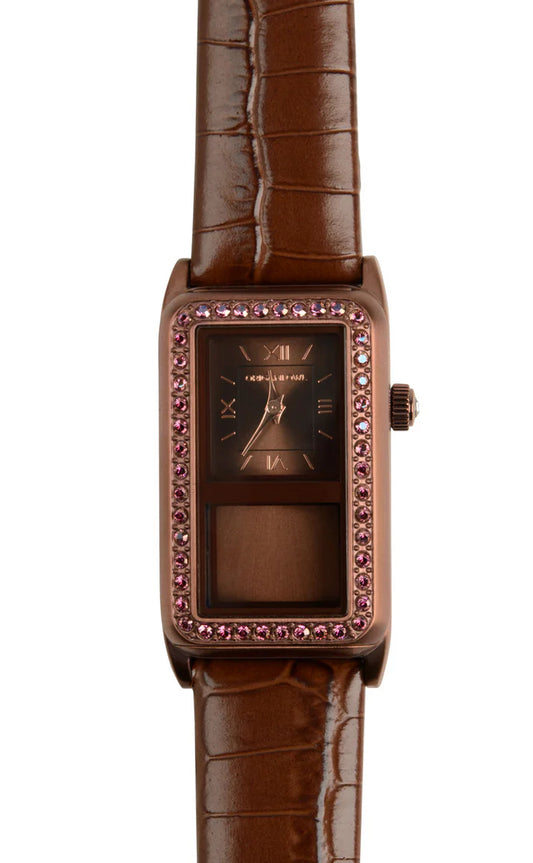Origami Owl Storyteller Chocolate Living Locket Watch With Lilac Shadow Swarovski Crystals + Brown Croc Leather Band